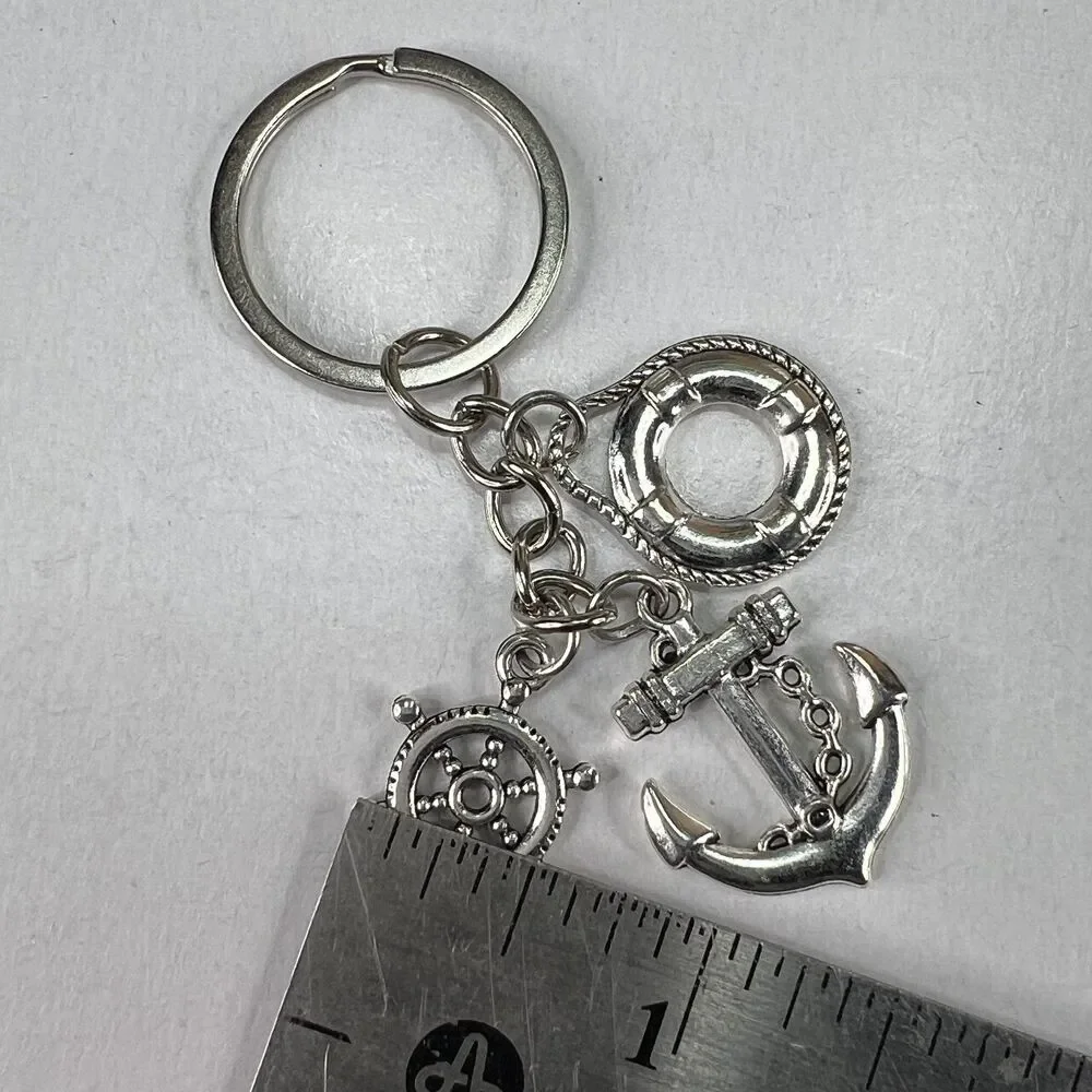Vintage Silver Nautical Anchor Ship Wheel Life Ring Keychain Bag Charm Y2K
